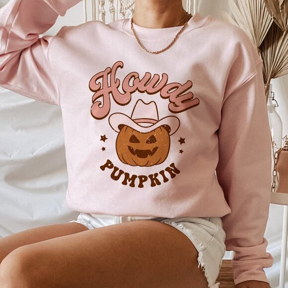 Desert Bloom Darlin Sweaters - Howdy Pumpkin Halloween Western Pink Sweatshirt 2XL